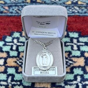 St. Stephen the Martyr Sterling Silver Religious Medal Necklace 24” Necklace